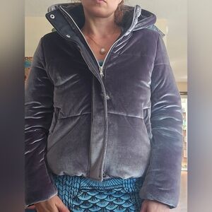 Express Velvet Hooded Puffer Jacket in Silver